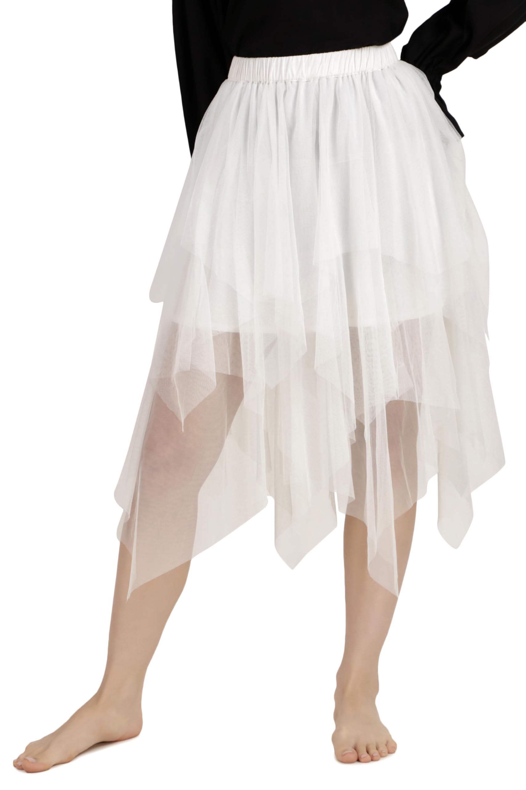 BoheeWohee Women's High-Low Asymmetrical Tulle Midi Skirt Elastic Waist Layered Fairy Skirt