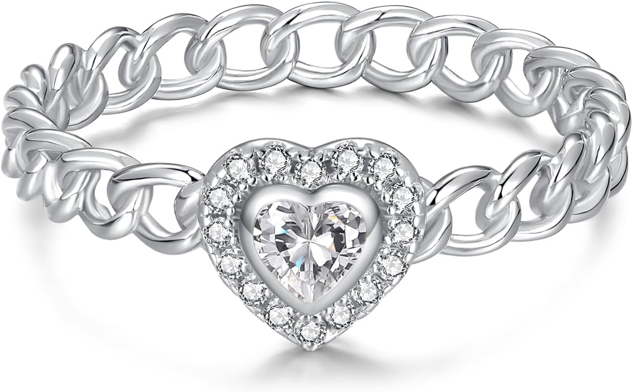 Heart Birthstone Cuban Link Rings for Women Teens - S925 Sterling Silver Chain Ring Size 4-10 for Sister Daughter Friends, Christmas Anniversary Birthday Dainty Gifts Jewelry for Loved One