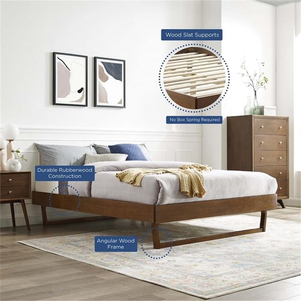 Hawthorne Collections Modern King Platform Bed Frame, 79.5” x 82.5” x 15”, Wood/MDF/Veneer, Walnut Finish, Rubber Wood Legs, Wood Slat Support System, Durable Mid-Century Style for Master or Guest