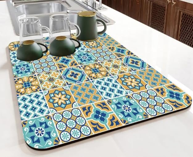 Image of HomeCloud Super Absorbent Dish Drying Mat for Kitchen Counter - Non-Slip, Heat-Resistant Rack Pad - Hides Stains, Ideal for Dishes, Coffee Maker, and Kitchen Appliances (Blue Squares Multi, 50x40 cm)