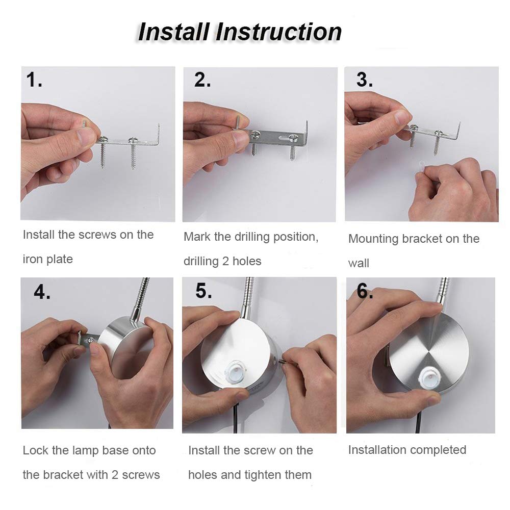 Youngine EU Plug Leselampe, flexible 5W LED Leselampe mit EIN/AUS-Schalter und Stecker, Schwanenhals Nachttischleuchte für Schlafzimmer Büro Hotel, 6000K (Silber-kühles Weiß)