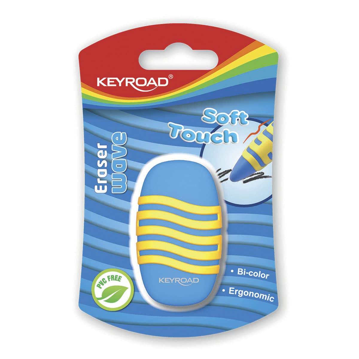 Keyroad Eraser - Wave/Eraser for Pencil and Colouring Pencil/1 Piece/Blister/Mix of Colours/Ideal for School and Office, Assorted