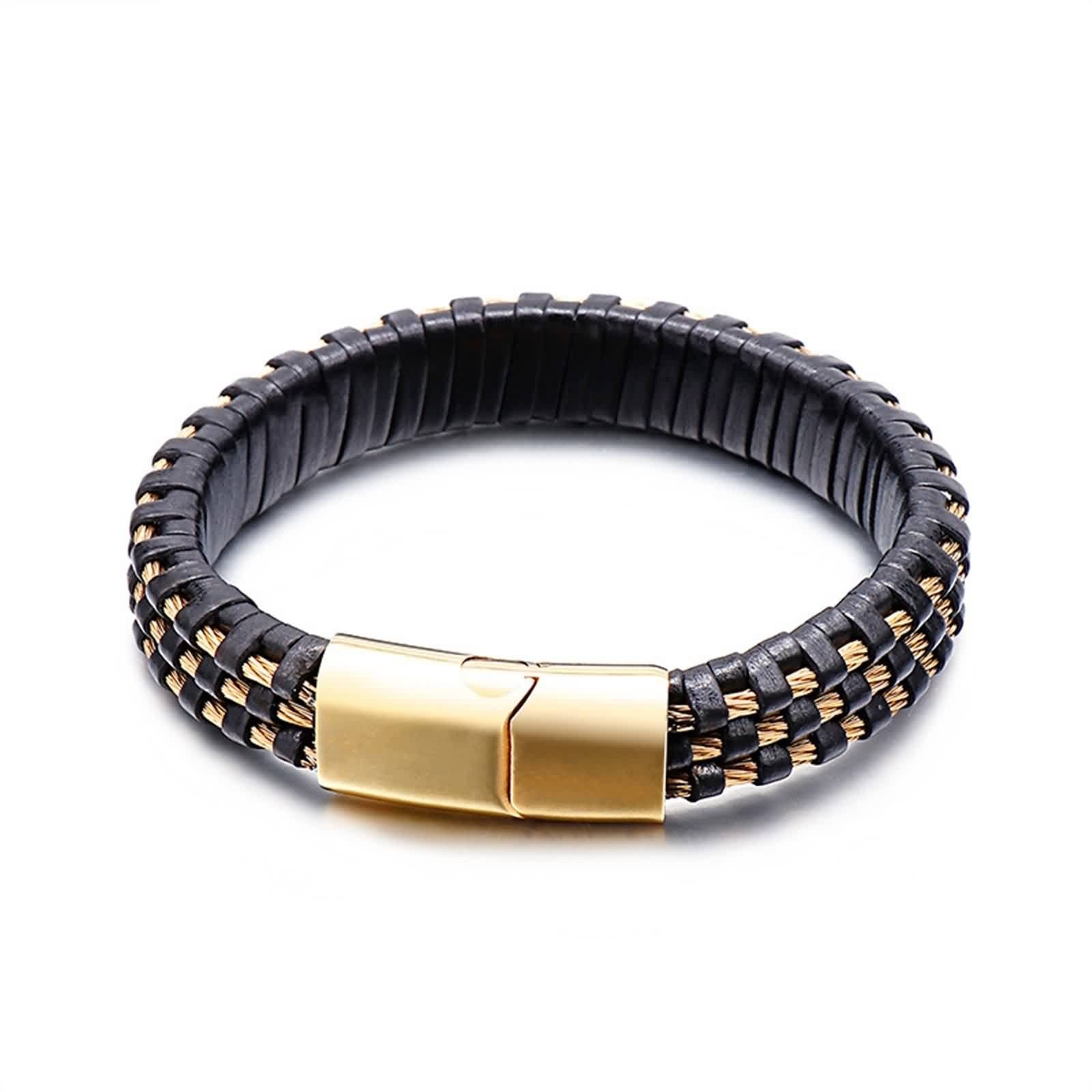 Bracelet en Cuir pour Homme, Bracelet Vintage Homme Acier Inoxydable Tisser Cool Mode Bijoux Cadeau