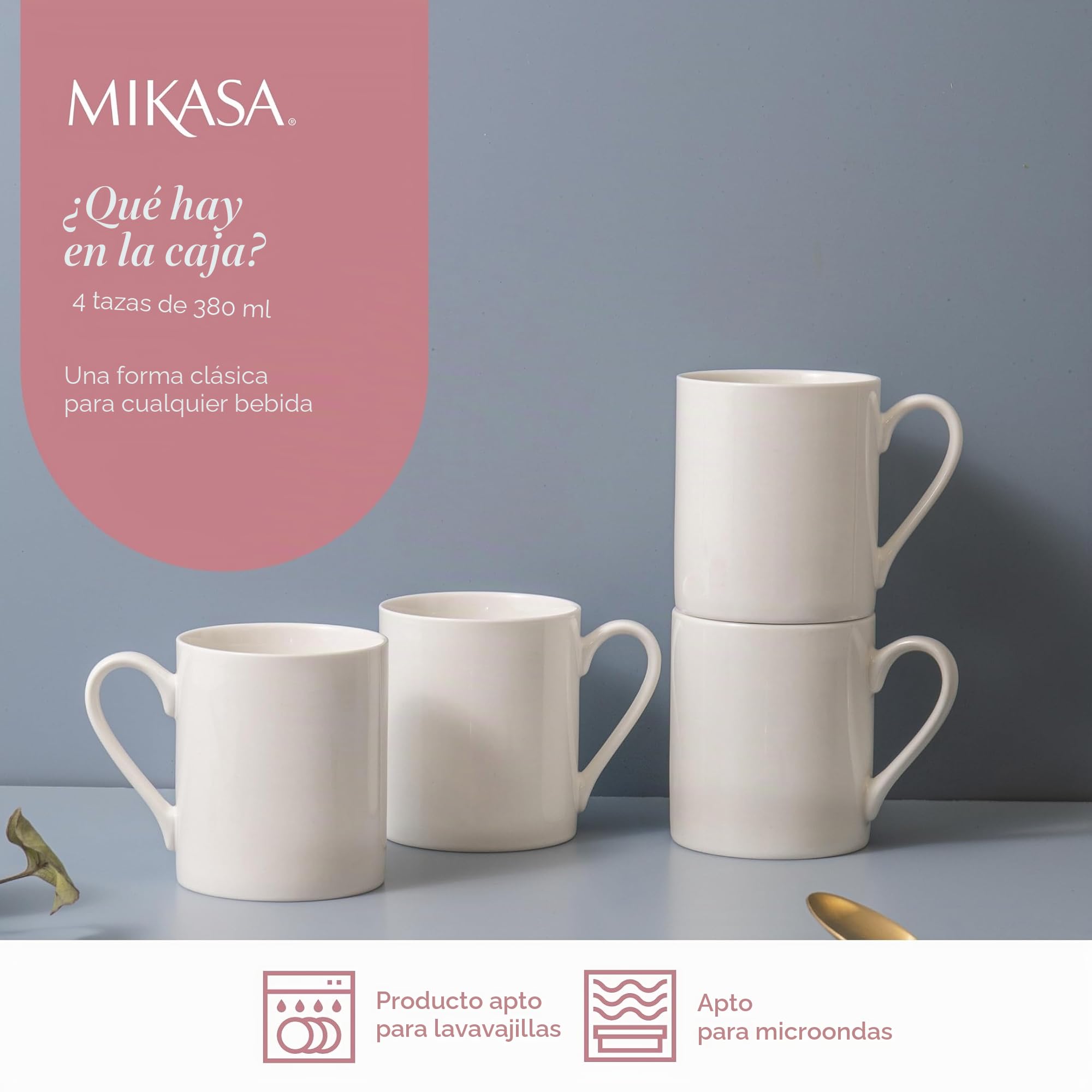 Mikasa Egret Juego de tazas de porcelana fina, 4 tazas blancas clásicas para té y café, 380ml - Caja de regalo y aptas para lavavajillas