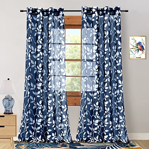 Navy Blue Curtains 84 Inch Length for Living Room 2 Panels,Decorative Window Treatments Sheer Drapes,Leaf Floral Striped Design Vine Print Pattern Grommet Curtain for Bedroom,84 Inches Long,Blue White
