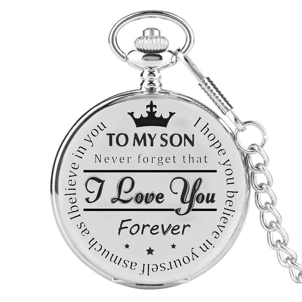 Silver To My Son Reloj de Bolsillo de Cuarzo Reloj Colgante de exhibición de números Romanos Vintage Reloj de cumpleaños para niños con Caja de Regalo