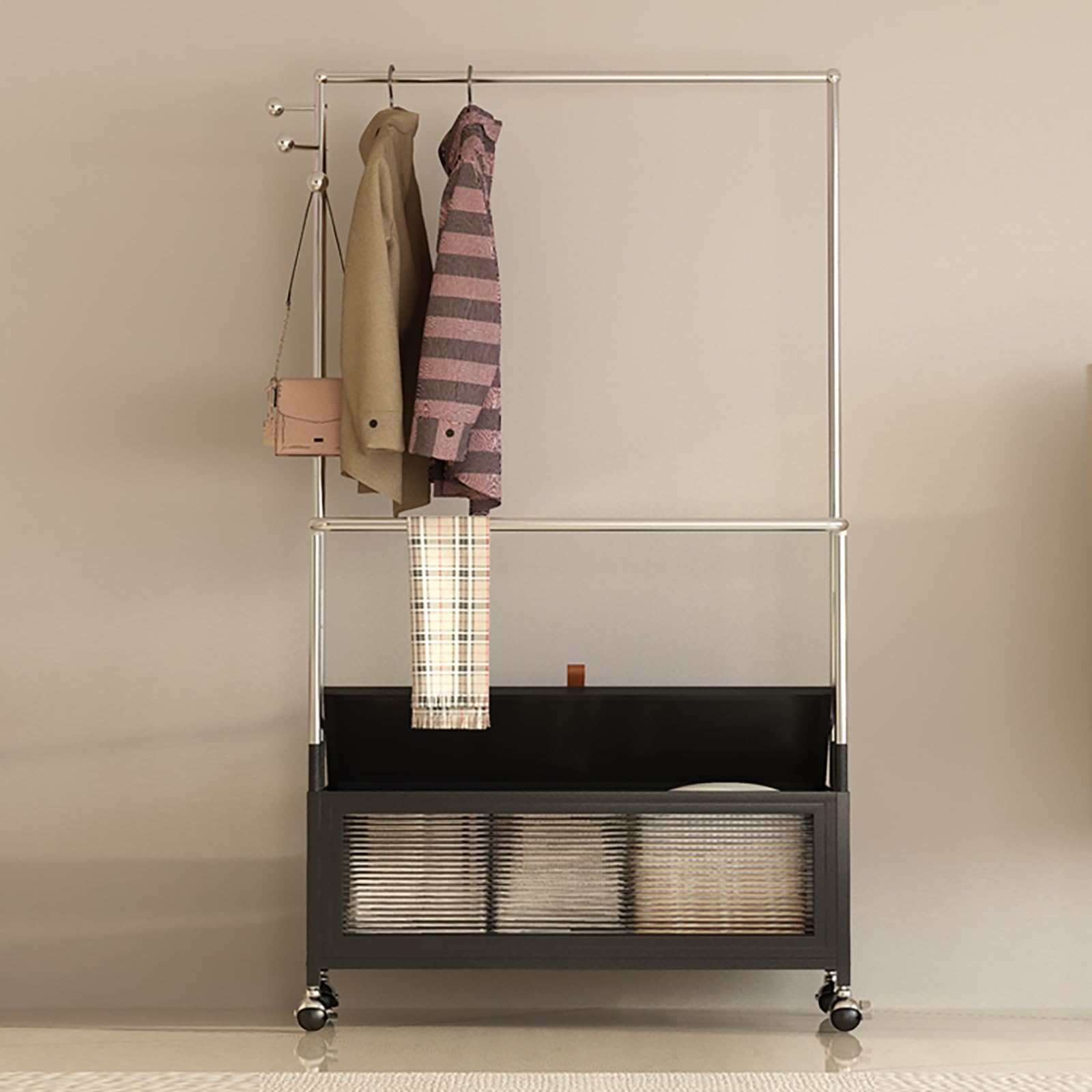 JYBNBBE Metal Clothing Rack, With Storage Shelves, Coat/Hat Hooks & Wheels - Clothes Rack Organizer Rail, For Display And Storage,100cm/39.37in