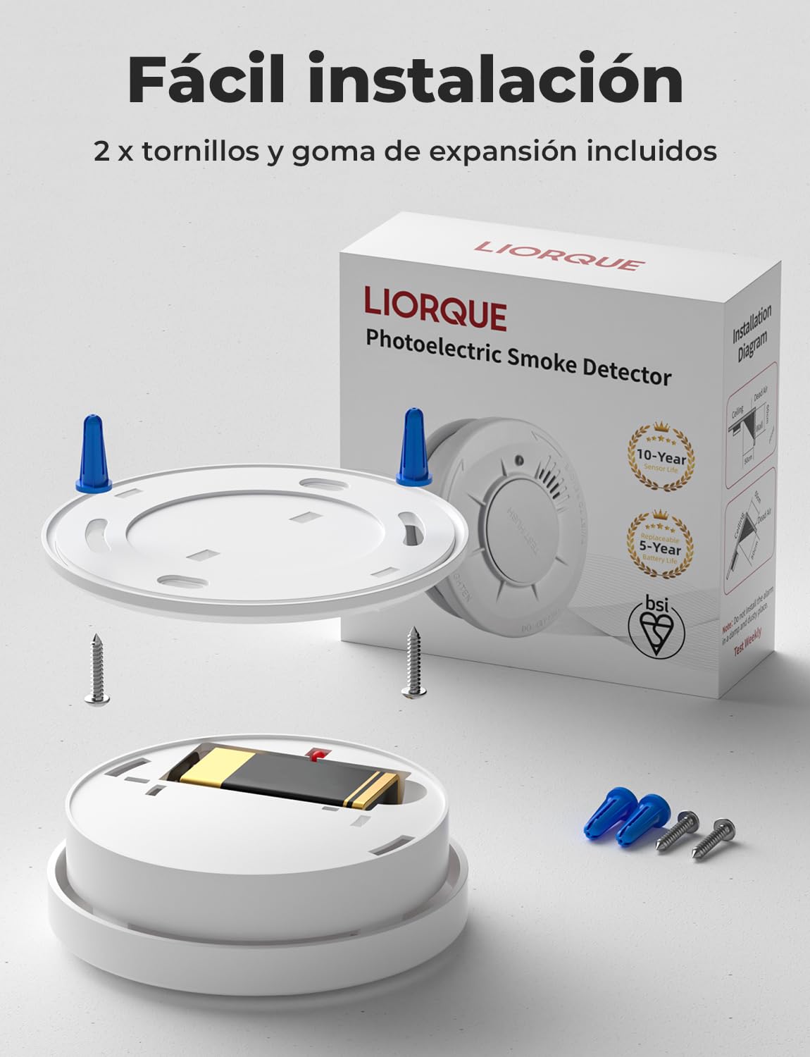 LIORQUE Detector de Humo, Alarma de Humo con Sensor de 10 Años, 5 Años de Duración de Batería, Detector Incendios with LED Indicator con Alarma de 85 dB (1 Pieza)