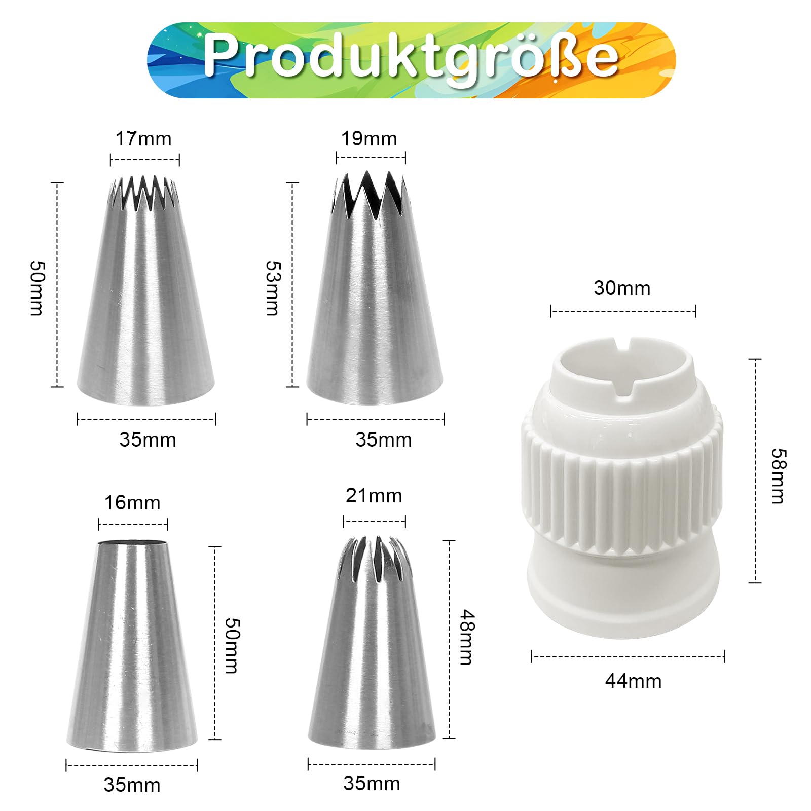 6er-Set Professionelle Spritztüllen Aus Edelstahl – Inkl. Reinigungsbürste | Perfekt Für Cupcake- & Kuchen-Deko (1m, 2D, 4B, 1A, D66, 108E)