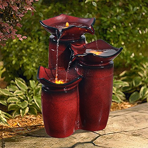 Teamson Home 3 Tiered Floor Water Glazed Pots Fountain With Led Lights And Pump For Outdoor Patio Garden Backyard Decking Décor, 20 Inch Height, Gradient Red #TOP1