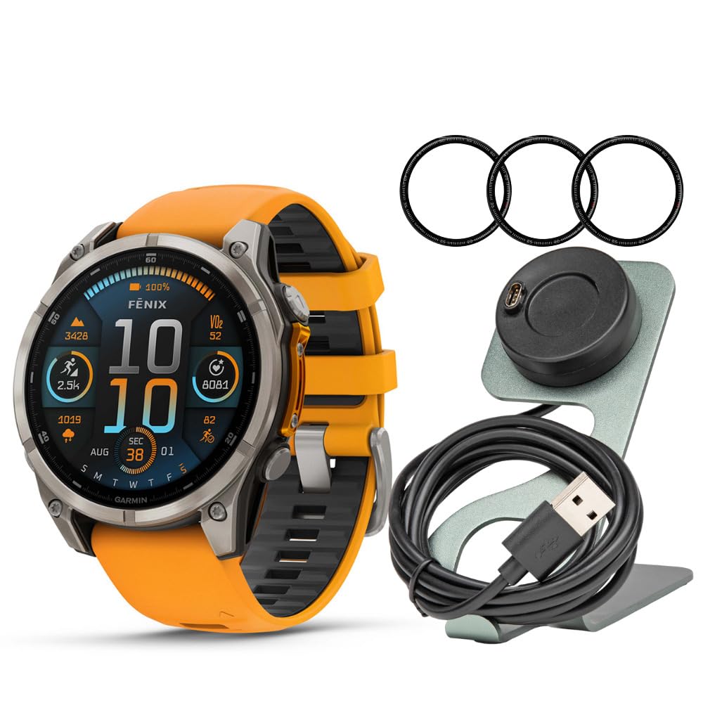 Garmin Fenix 8 Sapphire 47mm GPS Smartwatch Spark Orange and Graphite Bundle with Portable Charger Stand and Screen