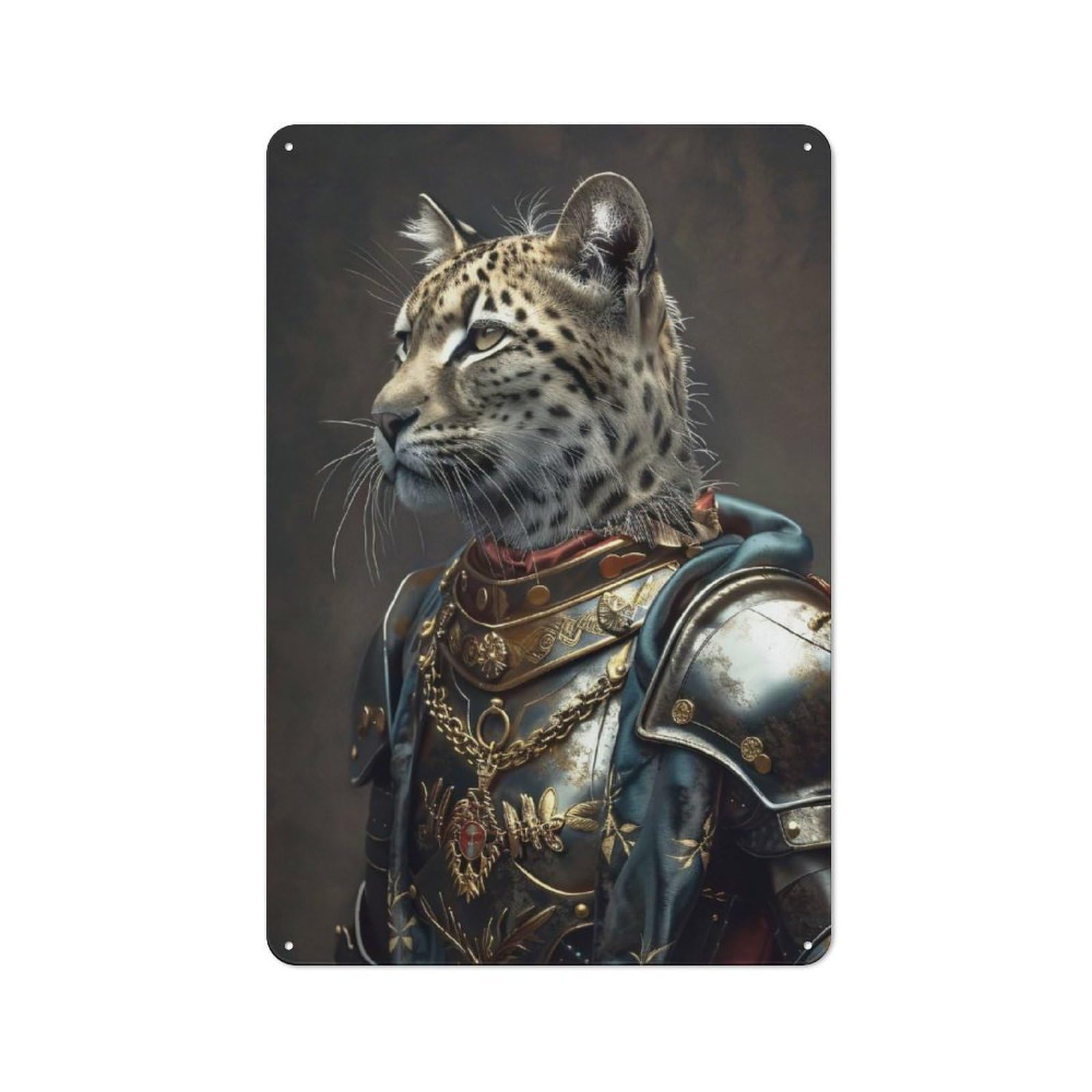 Junmoney Style-15 Leopard Knight In Armor Portrait Tin Wall Plaque 30X20cm, Barn Style Rustic Kitchen Decor For Farmhouse Kitchen, Pantry Or Dining Area