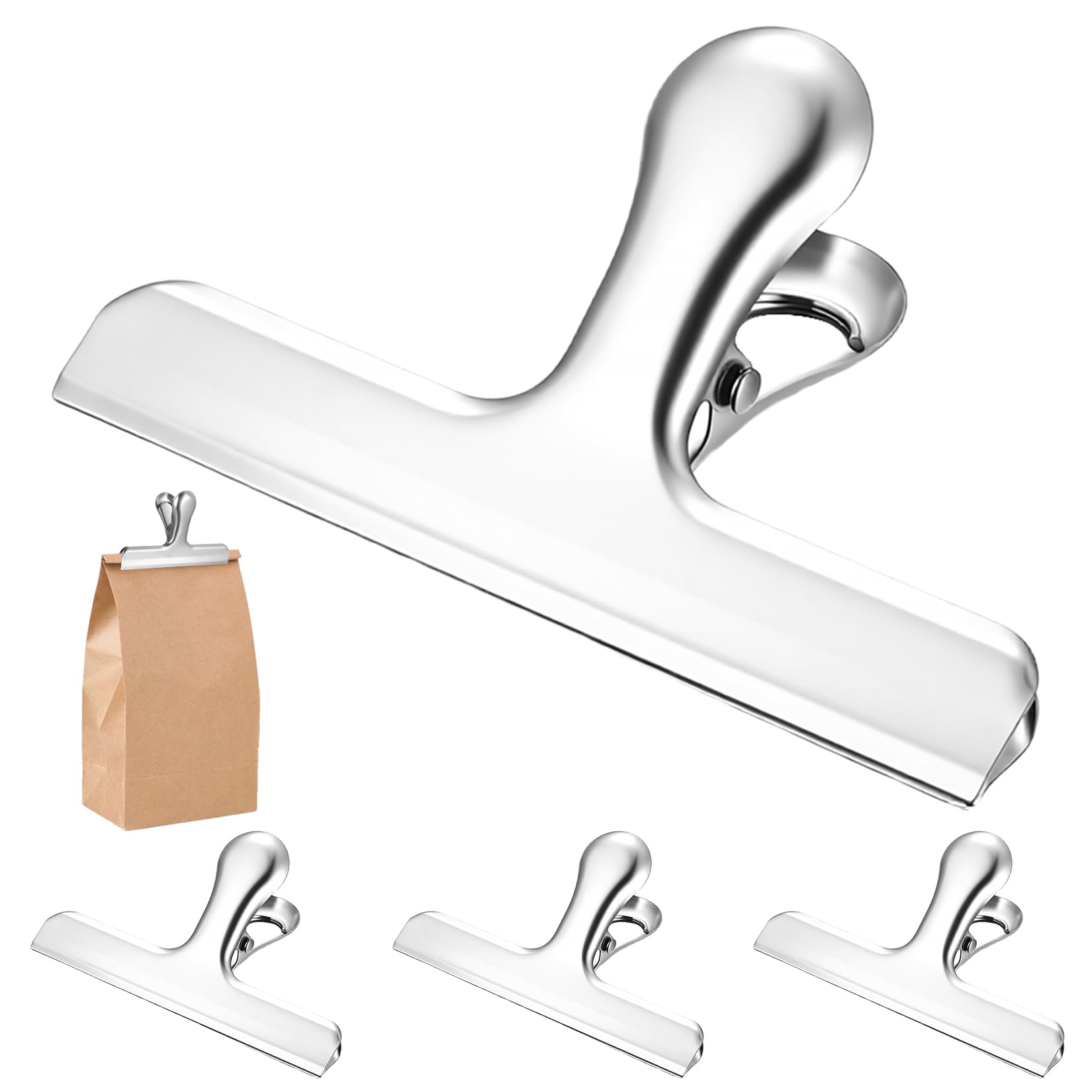 4 Pcs Freezer Bag Clips for Food Storage, Metal Clipset, Large Stainless Steel Food Pegs Clips for Food Bags Sealing Chips Beans Bread Photo Home Office Kitchen Pegs(2.9x2,9cm)
