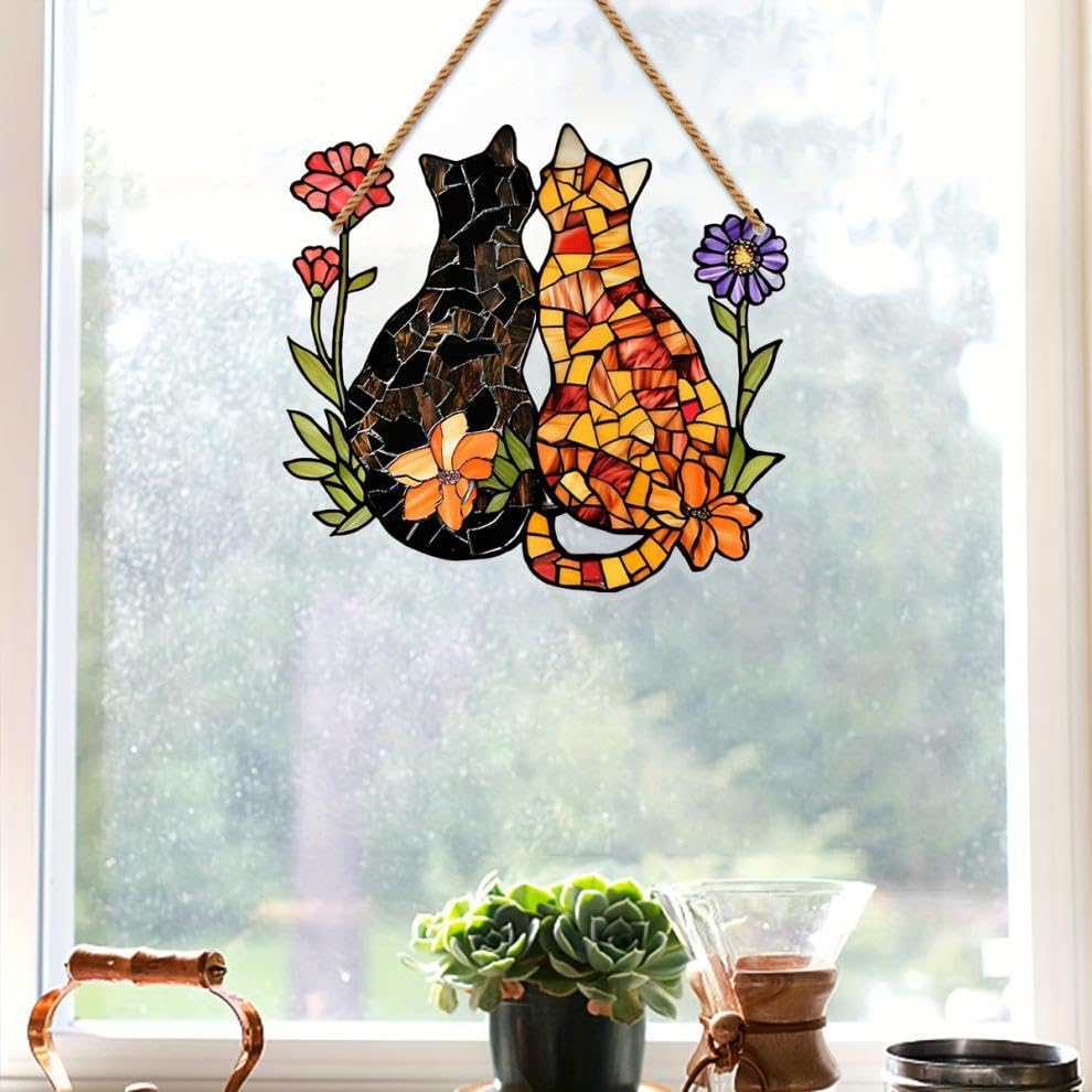 Friendship Cats Stained Window Hanging Ornament, Garden Cats Stained Acrylic Double-Sided Printed Window Panel, Great Gift for Mom Grandma and Animal Lover for Birthday Mother's Day or Housewarming