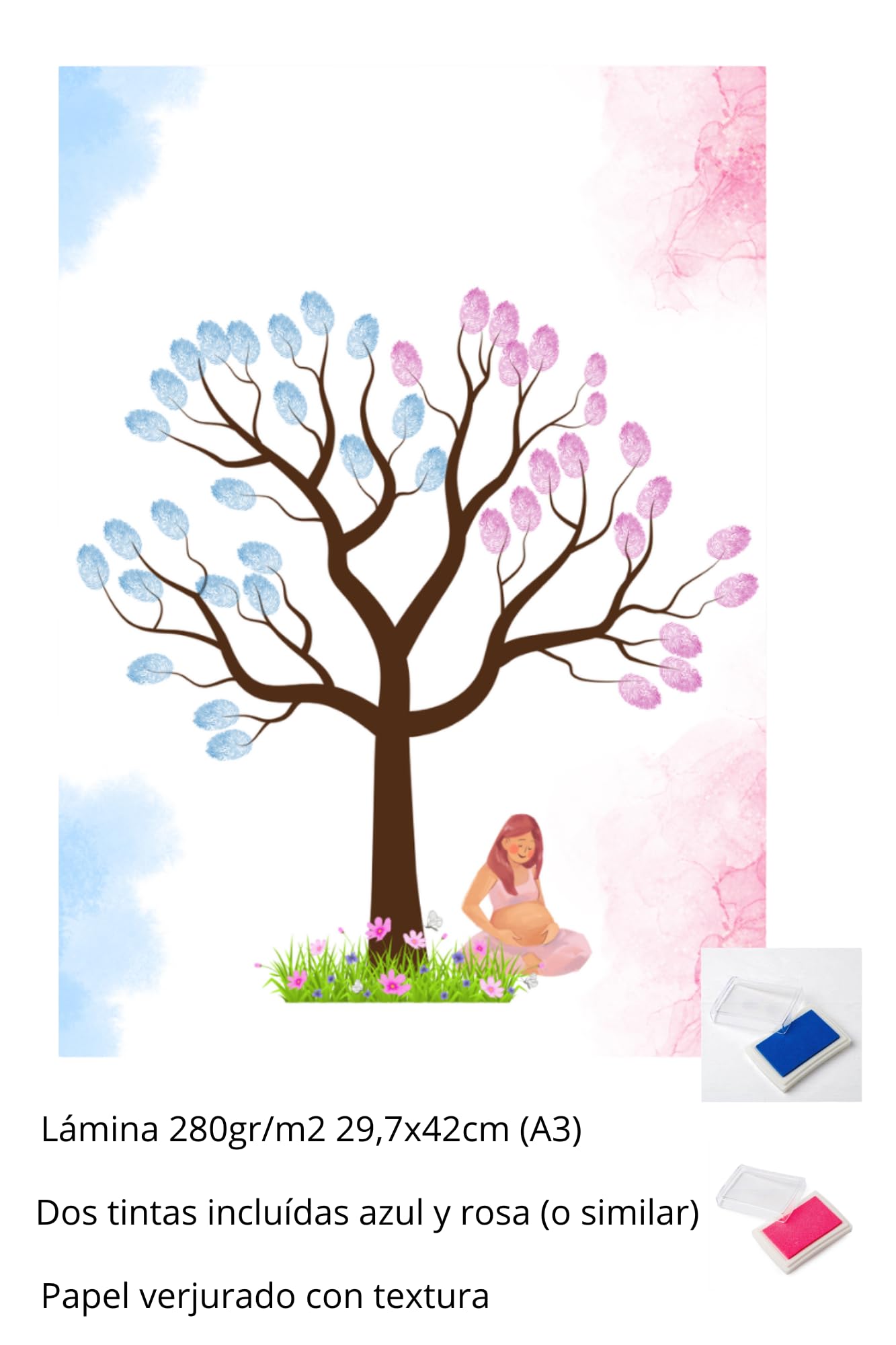 Libro delle firme Bebe Gender Reveal rivelazione di genere| Albero delle impronte promemoria Dolce Aspetta| Carta Acquerello Nascita| Libro Evento Personalizzabile, senza cornice, non