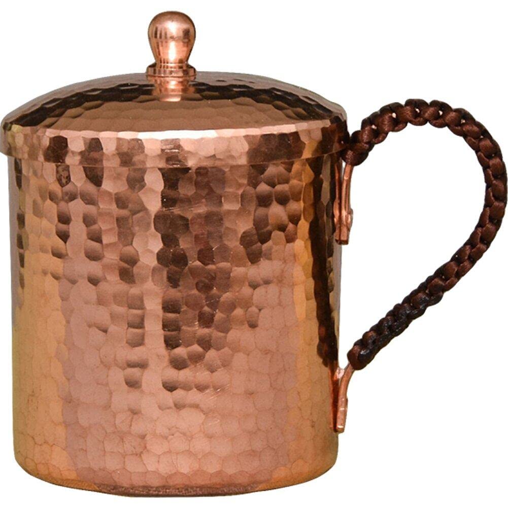 Luxylei Handcrafted Copper Cups Pure Copper Mugs Solid Moscow Mule Copper Mug with Lid Rose Gold Copper Rims for Drinking Water