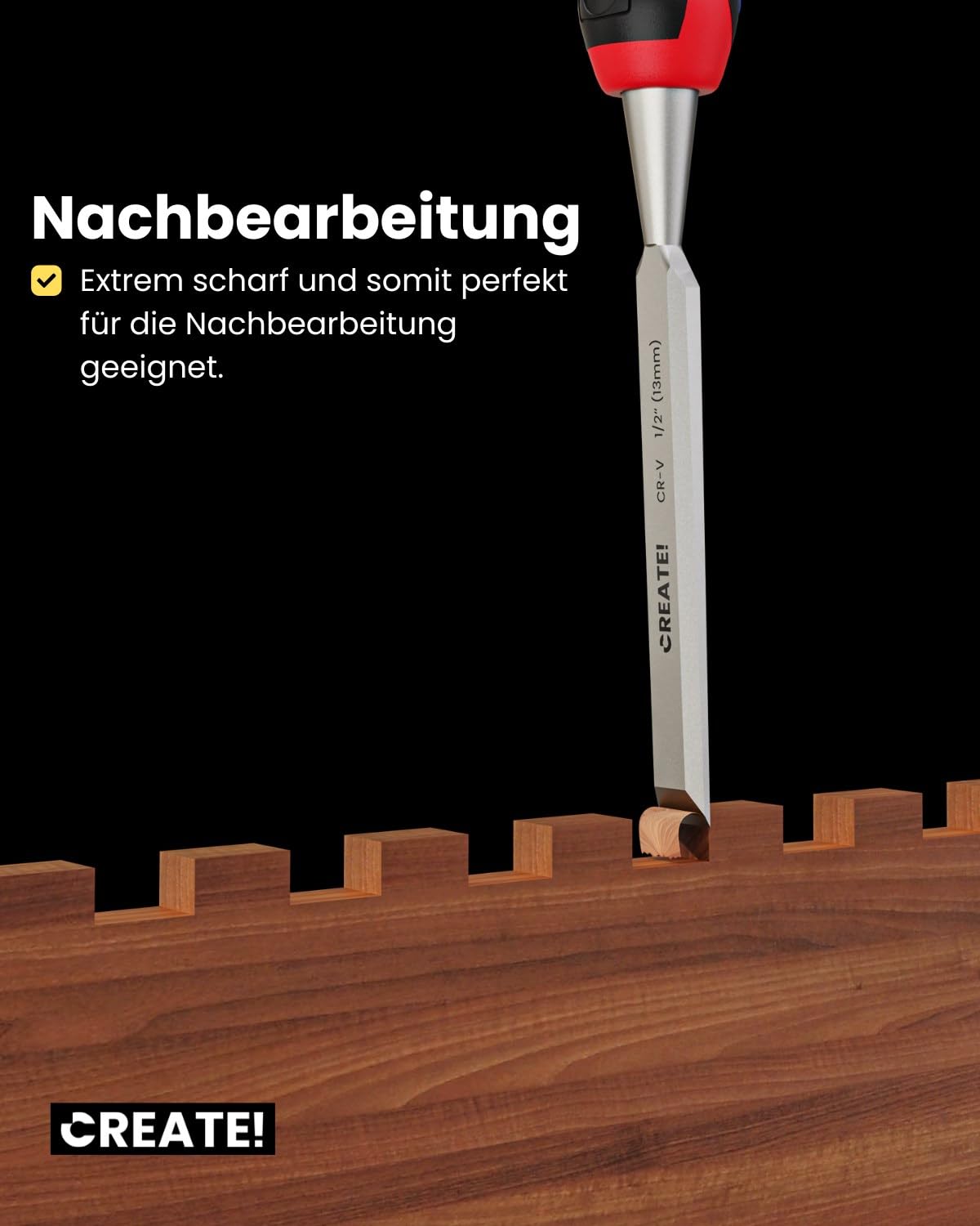 CREATE! Stemmeisen, Stechbeitel, Meißel 4er Set (6, 13, 19, 25 mm) mit Stahlkappe und mit einem 25° Winkelschliff