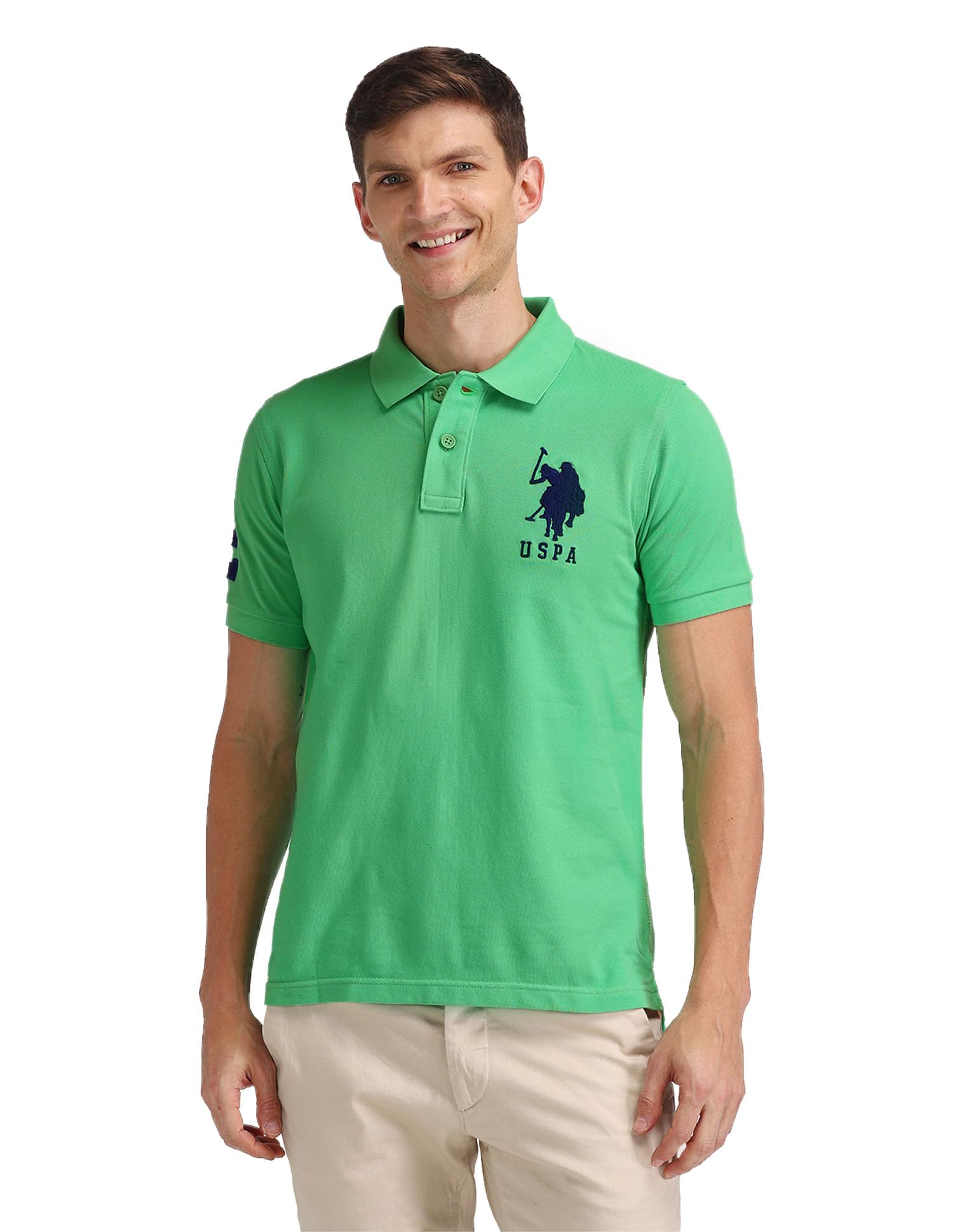 u.s. polo assn. U.S.Polo Association Men's Green Solid Polo Collar Half Sleeve Casual Cotton Slim Fit T-Shirts-picture-29