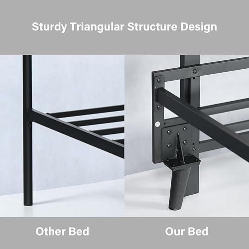 Miniatura 4 de REVOMINCA Base de cama tamaño Queen con cabecero, marco de cama Queen suave de madera, marco de cama de plataforma de metal industrial, tamaño