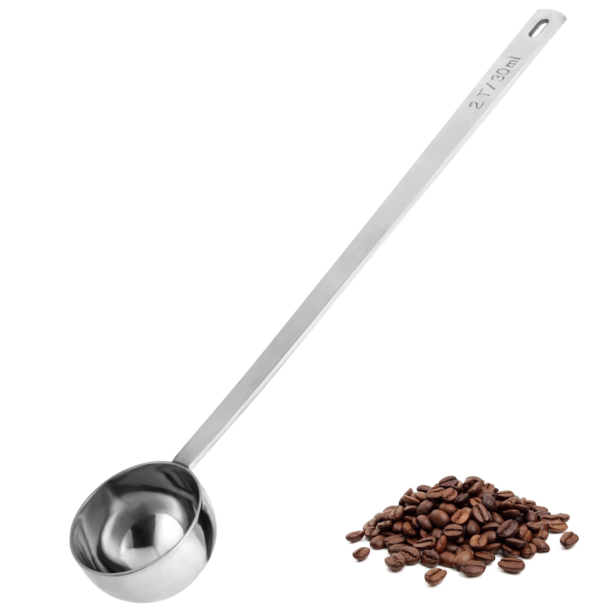 U-Taste Coffee Scoop 2 Tablespoon: 18/8 Stainless Steel Measuring Scooper for Ground Coffee, Bean, Powder, Espresso, 8.5in Extra Long Handle Metal Meaure Spoon for Canister, Jar (2Tbsp/30ml, Silver)