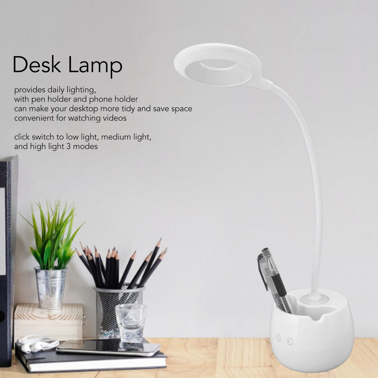 Lampa biurkowa LED z uchwytem na długopis, lampa stołowa ze sterowaniem dotykowym, czytanie Pielęgnacja oczu Nowoczesna lampka na biurko Możliwość przyciemniania USB Biuro do czytania, nauki, biura,