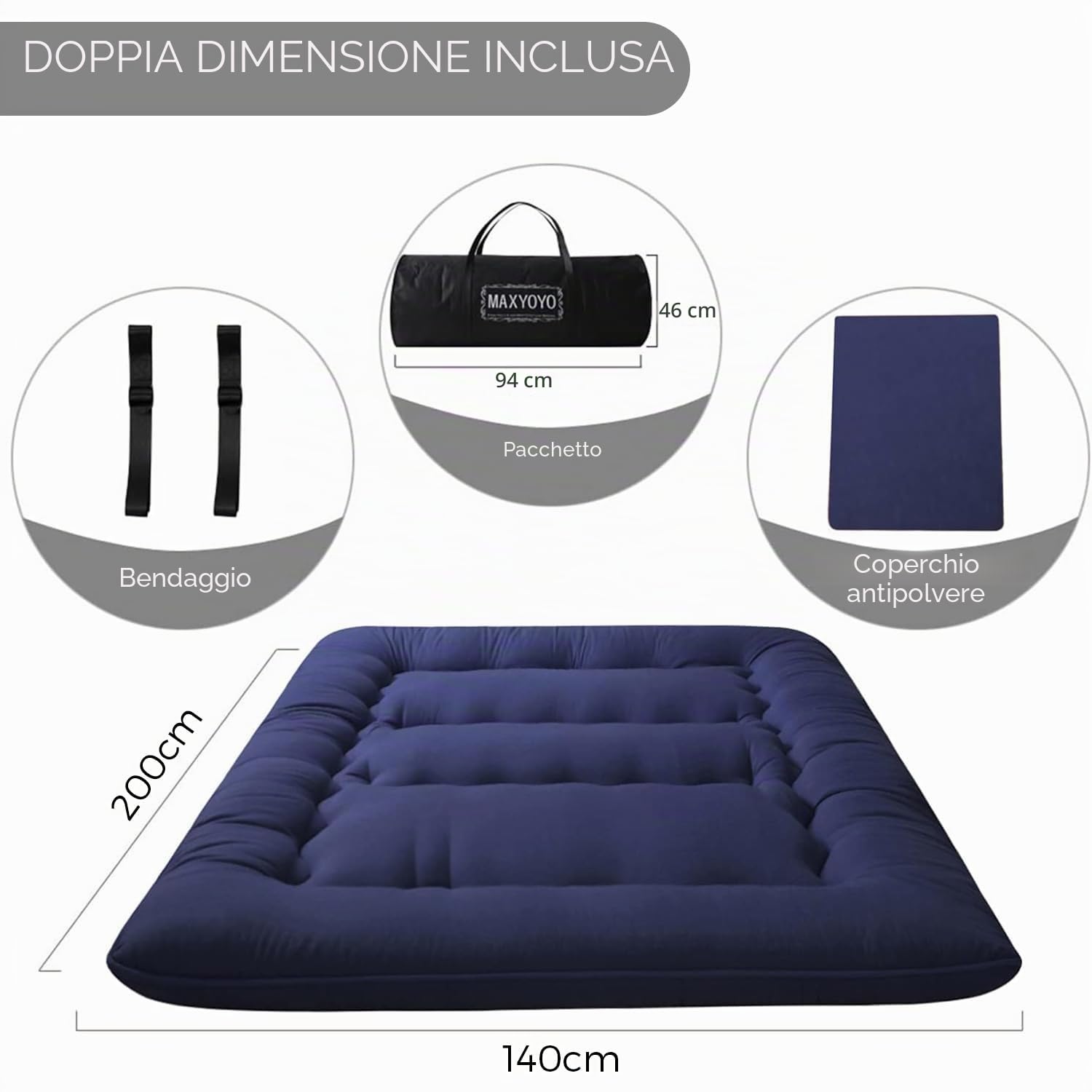 Materasso futon, materasso da pavimento giapponese imbottito, trapuntato, extra spesso, pieghevole, traspirante, letto per gli ospiti, letto da campeggio (blu navy, matrimoniale)