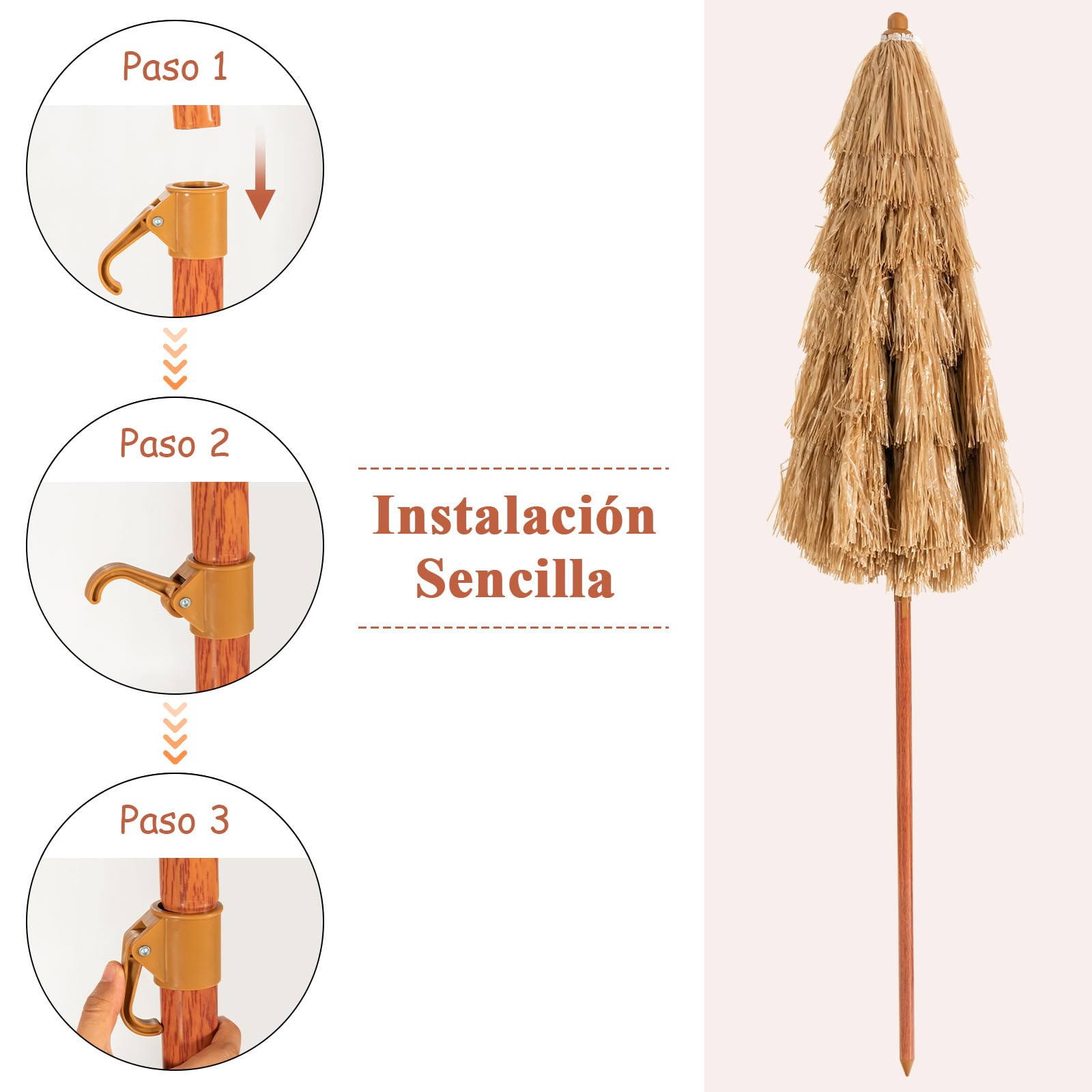 GOPLUS 2M Sombrilla Paja de PP con Flecos, Parasol Hawaiana Inclinable de Terraza Exeterior con 8 Varillas, Bolsa de Transporte, Protección Solar para Jardin, Balcón, sin Base(Natural, 200cm)