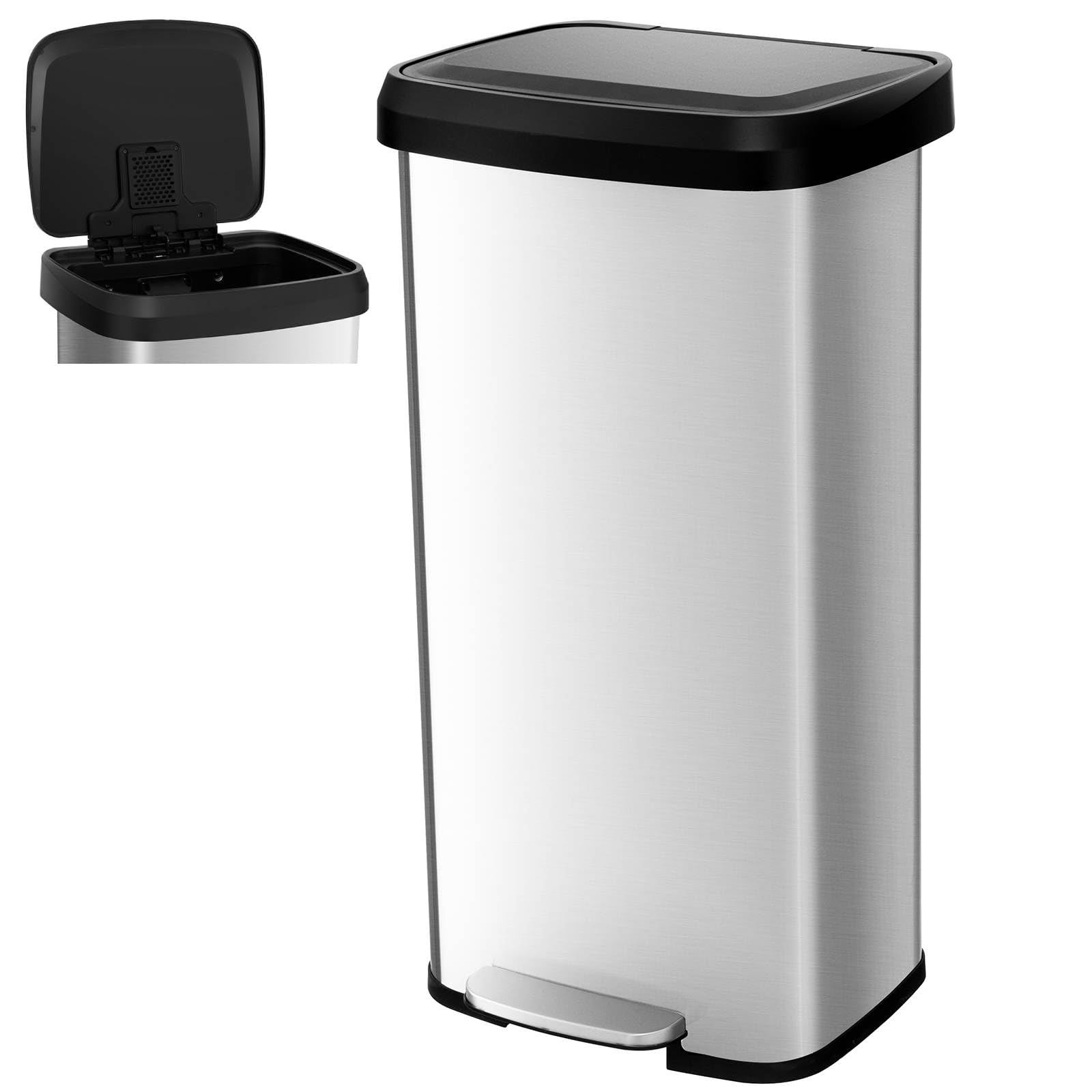 COSTWAY 50L/68L Kitchen Bin, Soft Closure Stainless Steel Recycling Pedal Bin with Deodorizer Box, Handle and Non-slip Base, Fingerprint-Proof Rubbish Trash Can Dustbin (68L,Silver)
