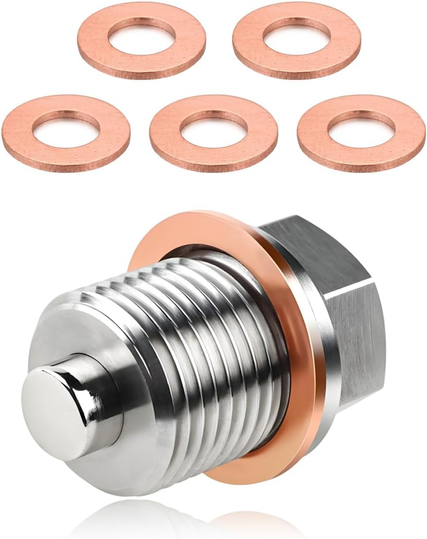 KVAEY Magnetic Oil Drain Plug, M12×1.5 Aluminum Alloy Sump Drain Nut Bolt with Cooper Crush Washer, Leak-Proof Engine Oil Drain Sump Bolt Screw Replacement for Most Vehicles (M14×1.5)