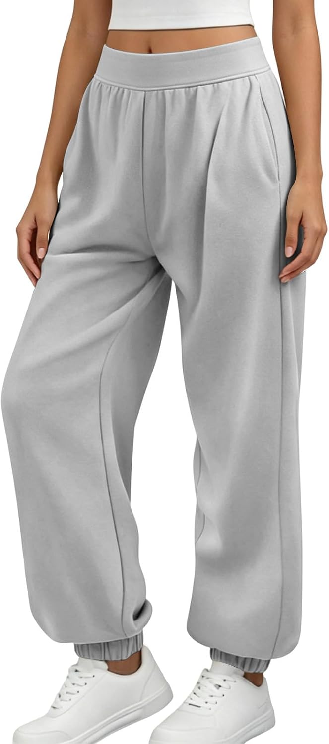 High Waist Women Jogger Sweatpants Elastic Cuff Lounge Pants | Gathered Waist Offers Flattering Fit, Loose Casual Rib Ankle Leg Cut, Roomy Pockets for All Day Comfort