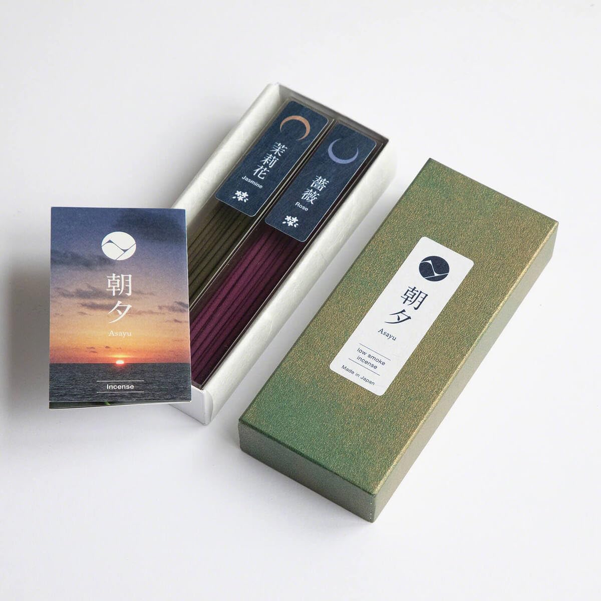 Asayu Japan Set Regalo Bastoncini di Incenso (Gelsomino + Rosa) + Portaincenso a Natura Aquamarina Gift Set, Realizzati in Giappone con materiali naturali