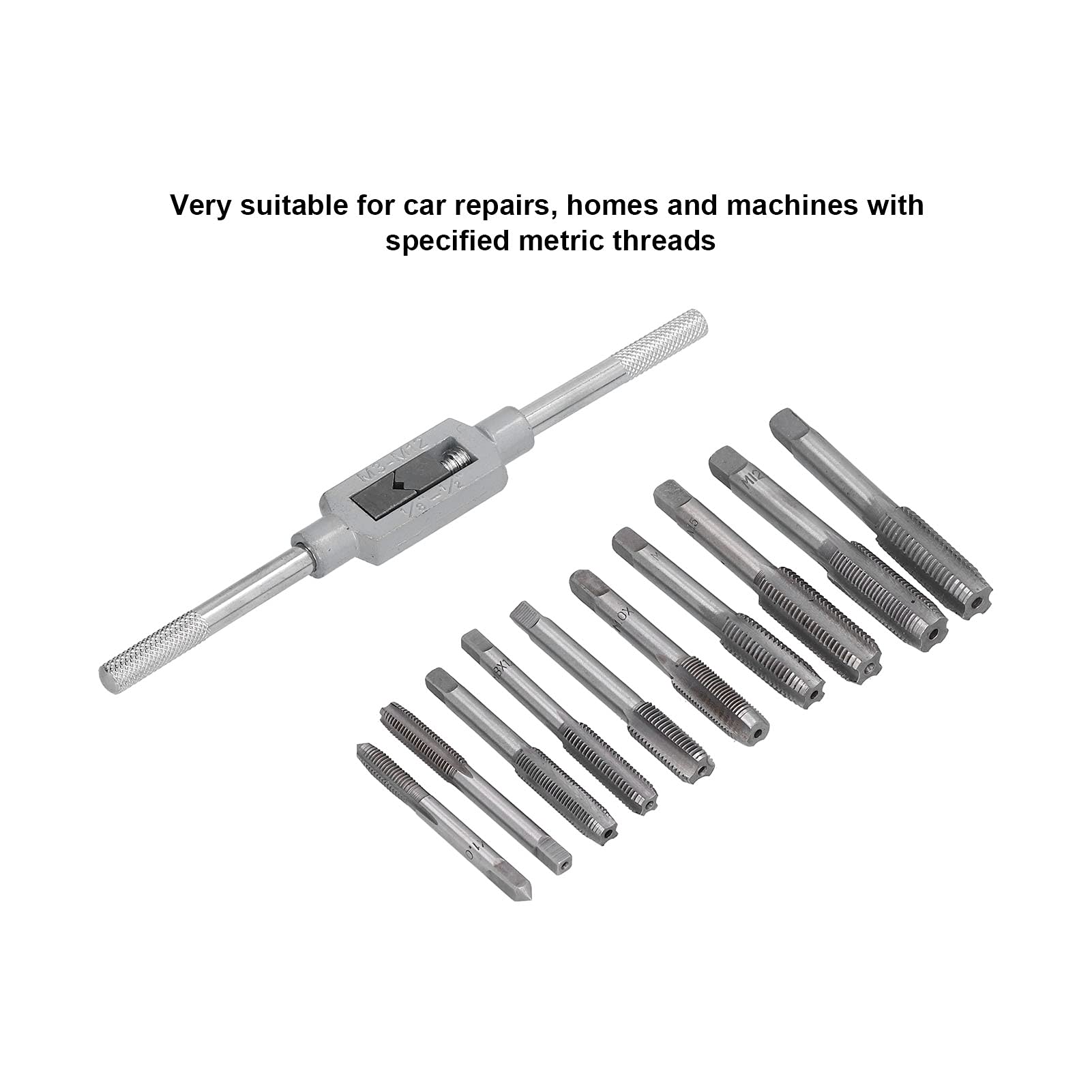 Herramienta de llave de macho de roscar, kit de 11 piezas de macho de roscar métrico de acero con cojinetes, llave escariadora ajustable, juego de matrices métricas para reparaciones de automóviles