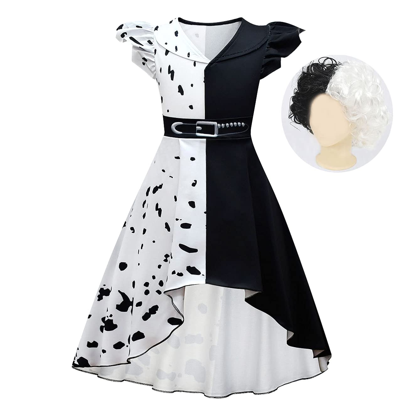 Lito Angels Cruella Dalmatian Black and White Spots Halloween Costume Fancy High Low Dress with Wig for Kids Girls Age 10-11 Years