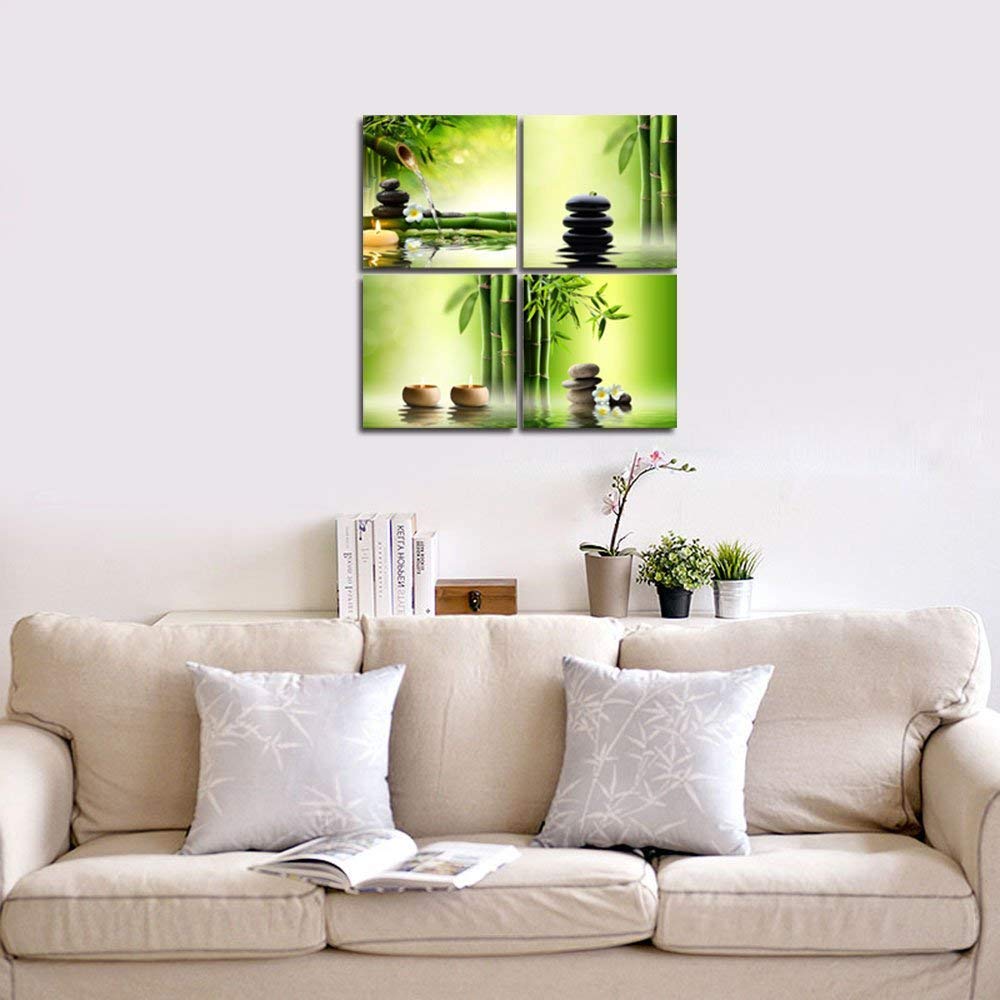 4 Panels Landscape Painting Forest Green Bamboo Stone Canvas Art