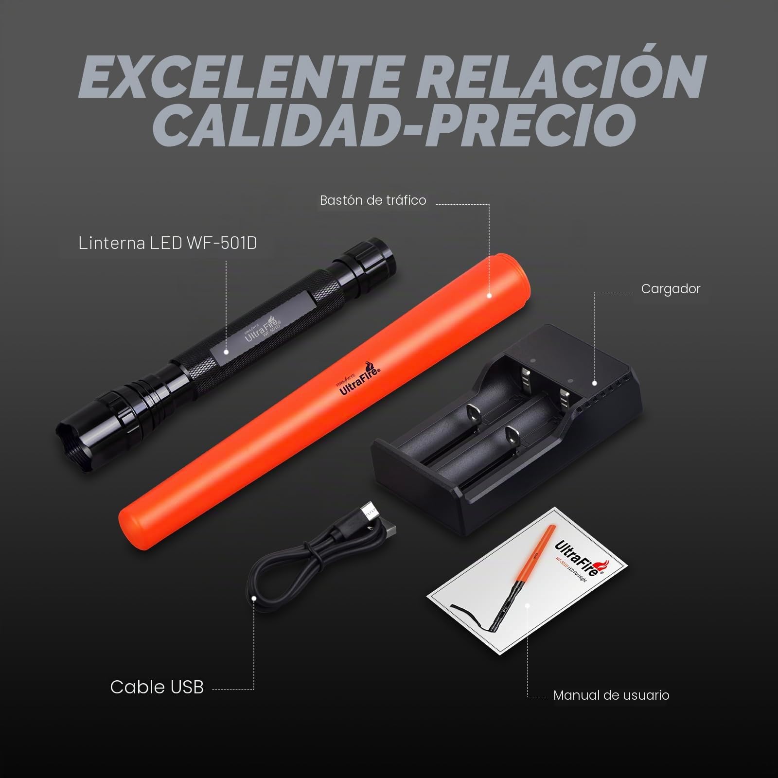 UltraFire Linterna LED de 18 pulgadas, barra de señal de 1300 lúmenes, 3 modos con luz roja intermitente, varilla naranja para aeropuerto, bomberos, dirección de coche, emergencia, WF-501D