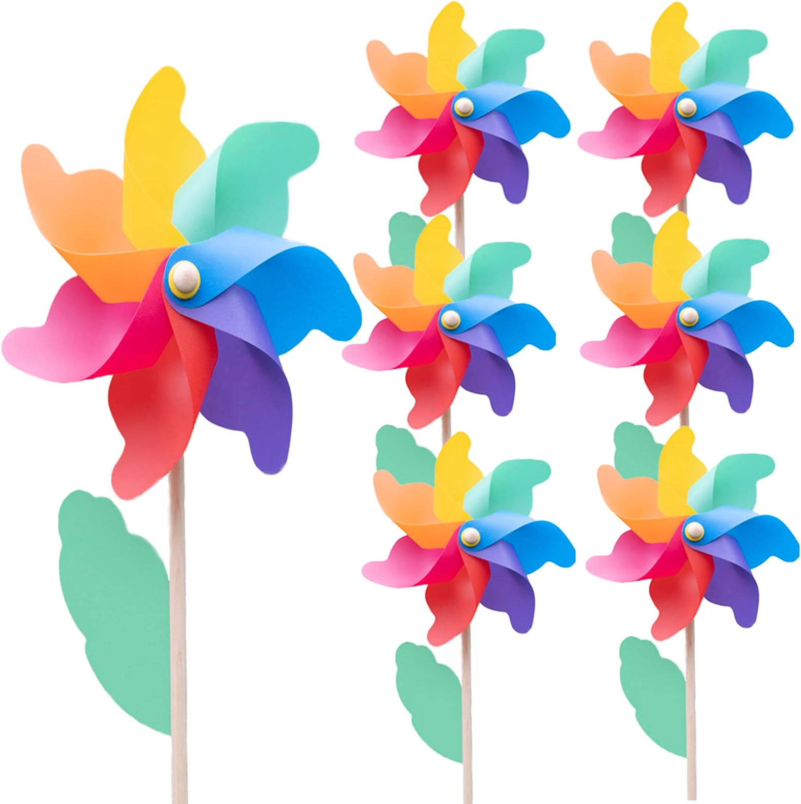 6Piece Plastic Rainbow Pinwheels with Wooden Stick