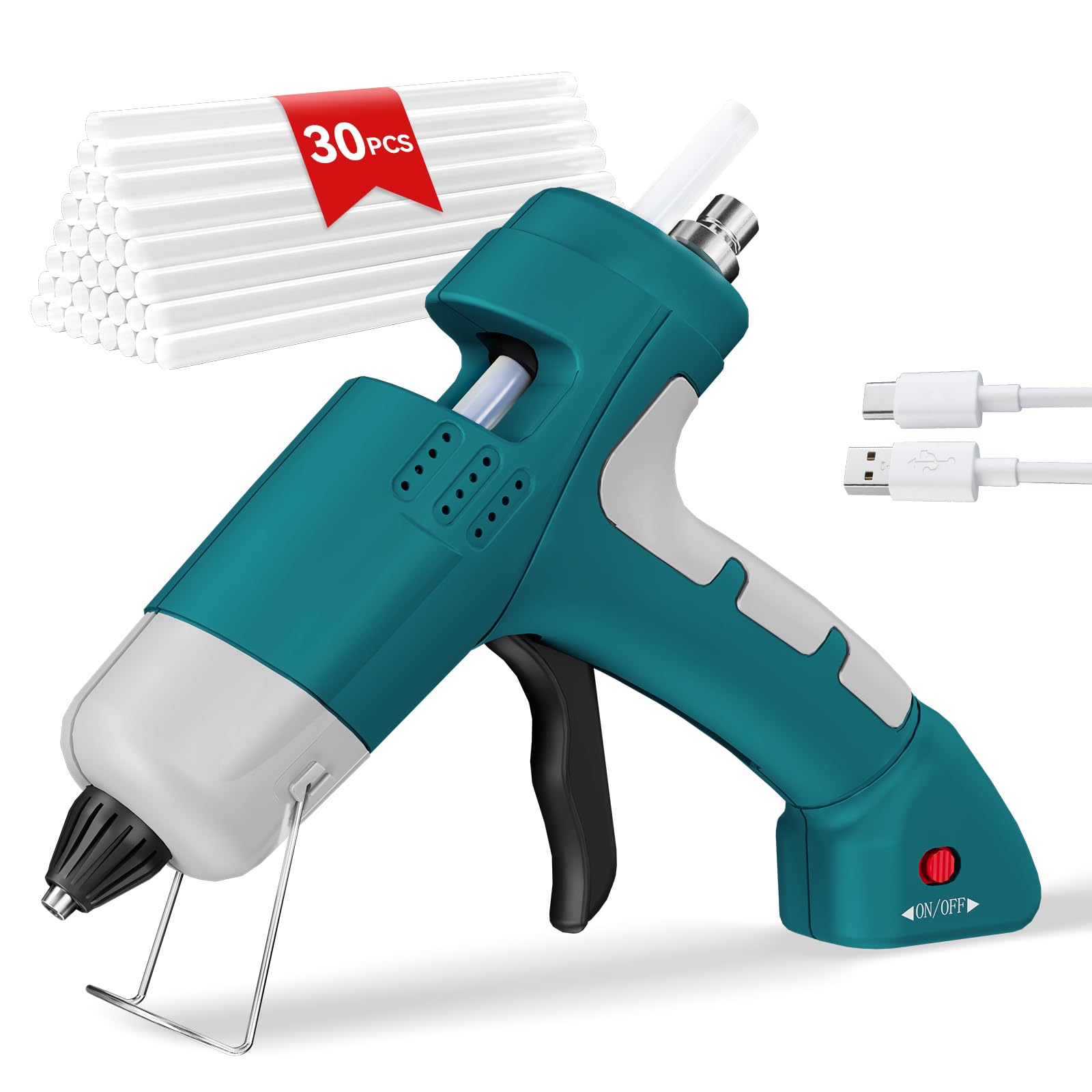 Cordless Hot Glue Gun, HHDQYMSG 20W Hot Glue Gun with 30PCS Premium Glue Sticks & 1m USB-C Cable, 2600mAh Built-in Battery Suitable for School Craft,