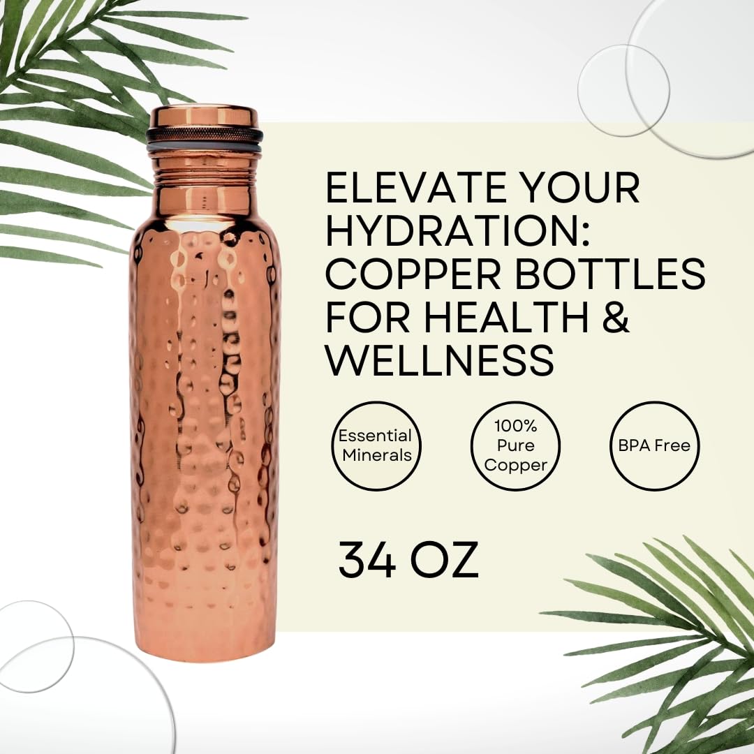 Pure koperen waterfles - 1 liter handgemaakte lekbestendige vaartuigfles voor ayurvedische gezondheid en sportfitnes - gehamerde afwerking Pure koperen waterfles - 1 liter handgemaakte lekbestendige vaartuigfles voor ayurvedische gezondheid en sportfitnes - gehamerde afwerking