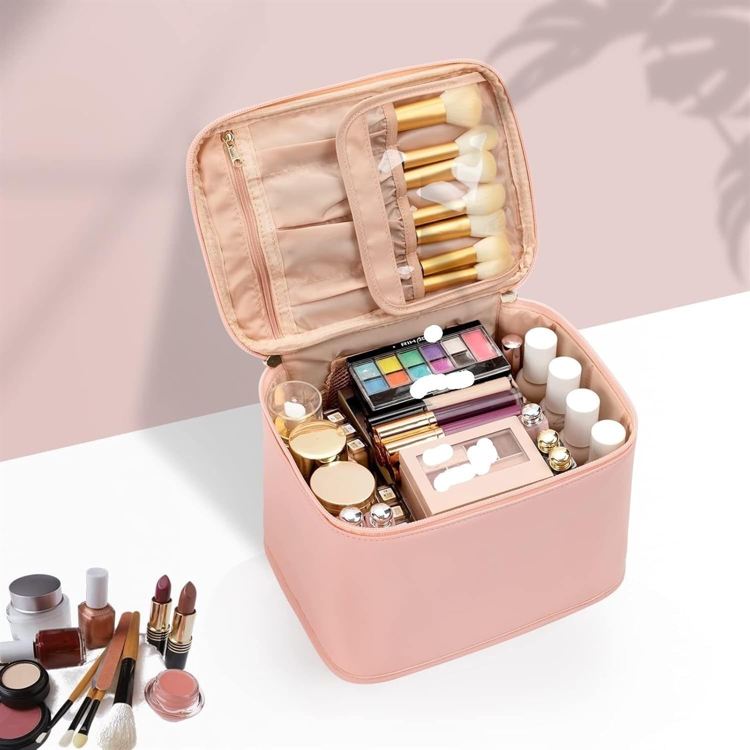 Beauty Case da Viaggio da Donna, Organizer per Cosmetici e Trucco Impermeabile con Scomparti e Manico - Custodia Portatile per Kit da Barba e Prodotti per la Cura della Pelle(Beige)