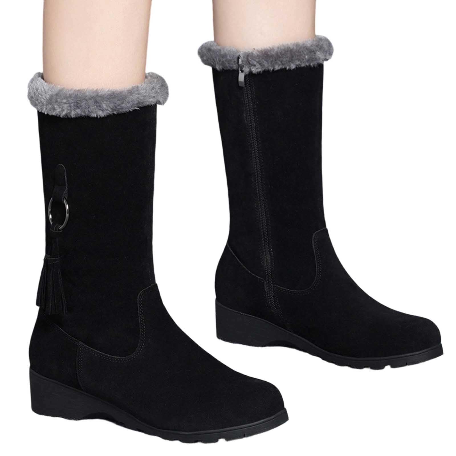 Bottes de Neige Femme Fourrées Mi-Mollet à Petit Talon Bottes Femme Hiver Chaudes en Daim Botte de Neige Confort avec Fermeture Éclair Latérale Snow Boots Chaussure Imperméable Chaussures de Randonnée