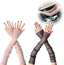 LJFEA 2 Pairs Women Cold Arm Sleeves with Sun Protection Cuffs, Girls Lace Breathable Non-Slip Sports Arm Sleeves, Black White, 50