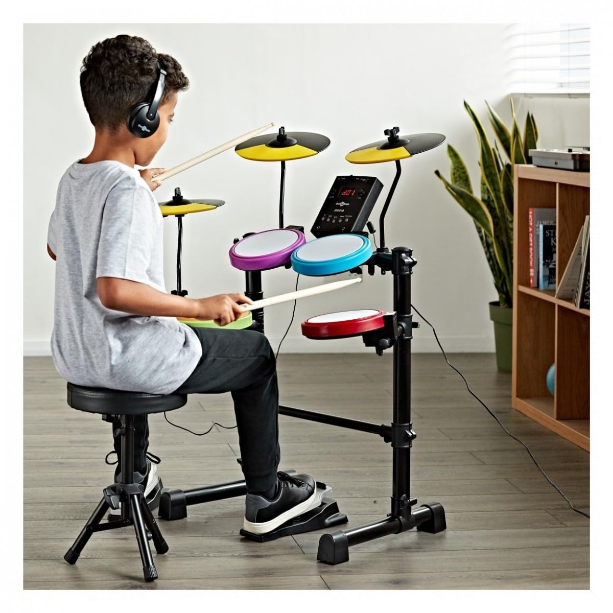 Gear4music Mesh-E-Drum-Set für Kinder mit Hocker und Kopfhörer | Komplettes 8-Teiliges Elektronisches Set für Junge Anfänger, 38 Sets mit 44 Songs und Metronom, Klappbar