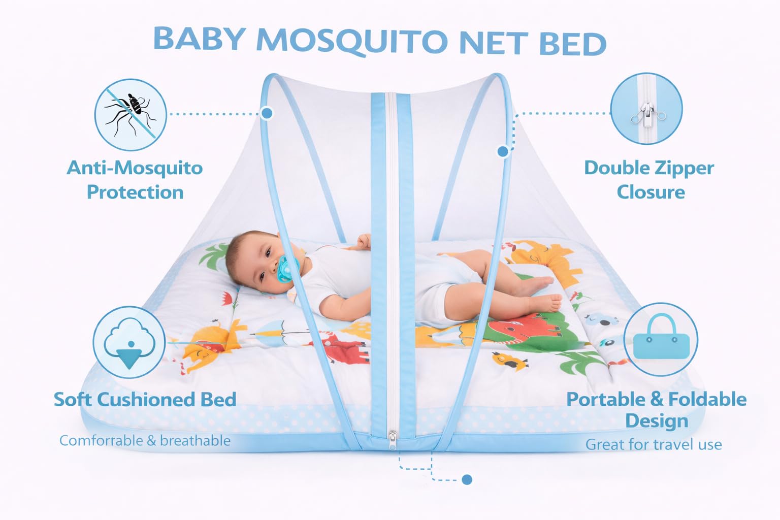 Kwitchy Baby Bed with Mosquito Net New Born Baby Bedding Set | Folding Bed | Toddler Mattress | Cotton | Gadda Set | Travel Beds | Boys & Girls | Gift Pack (0-6 M) (Blue) 1