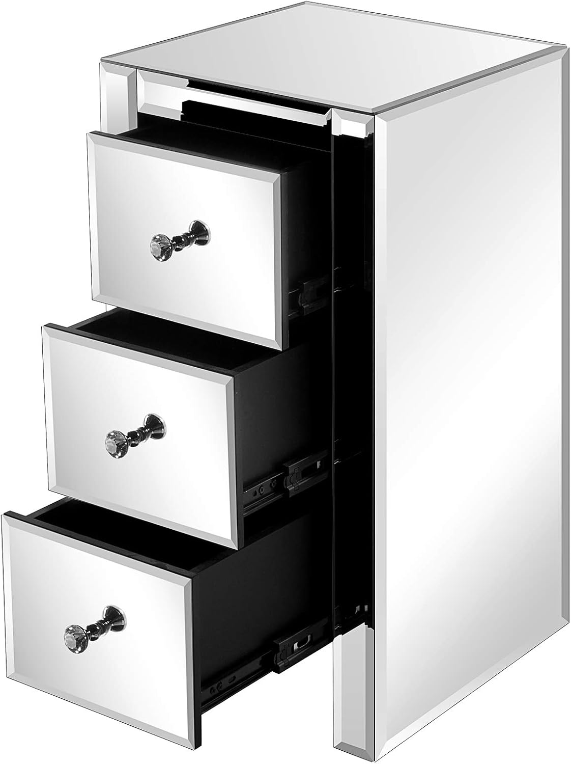 Goujxcy Mirrored Side Table, 3-Drawer Nightstand, Silver Finished Bedside Table Cabinet for Living Rooms and Bedrooms