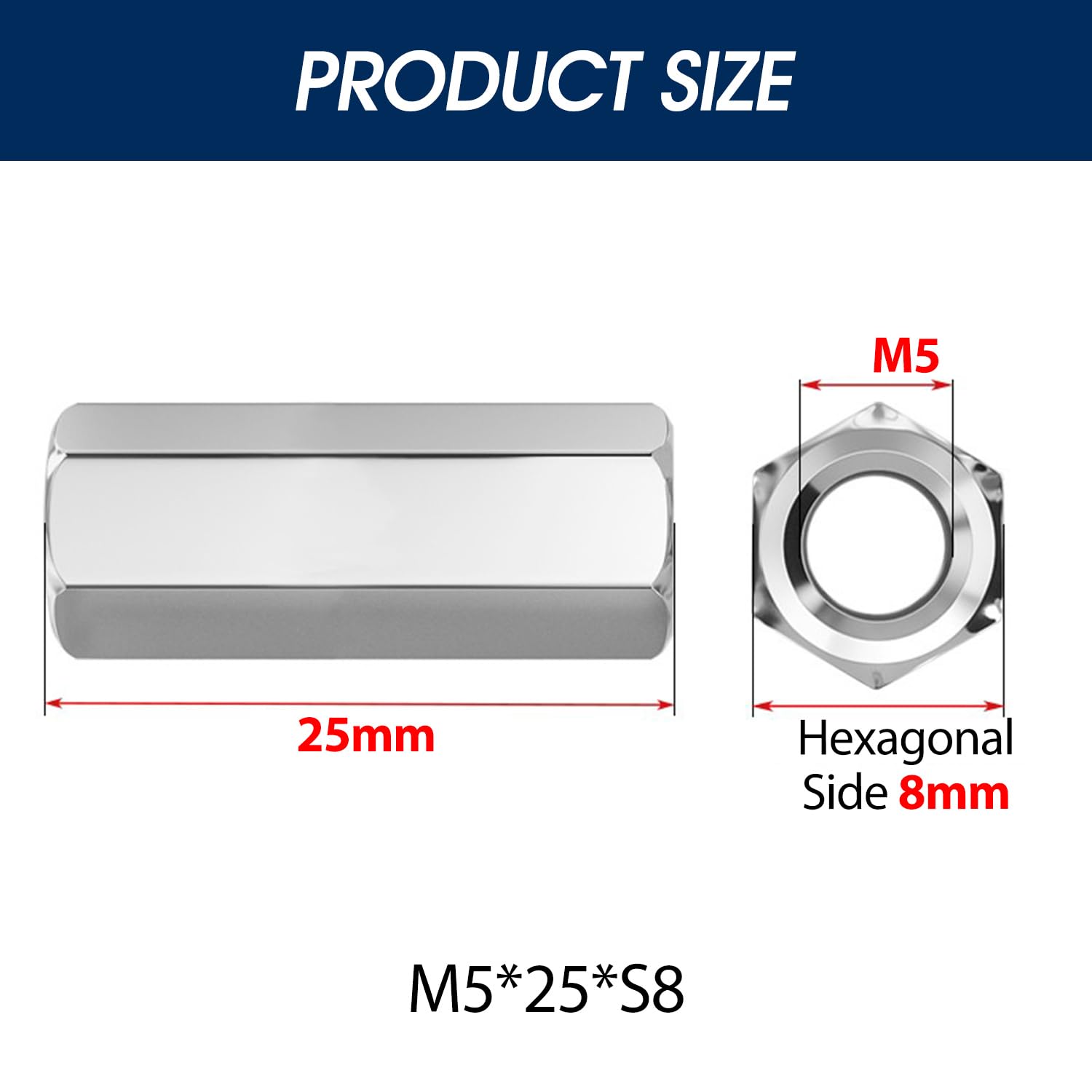 TOPPROS Pack Of 8 M5 X 0.8-Pitch 20mm Length Hex Width 8mm Metric Hex Coupling Nut 304 Stainless Steel Rod Coupling Nuts - View #10