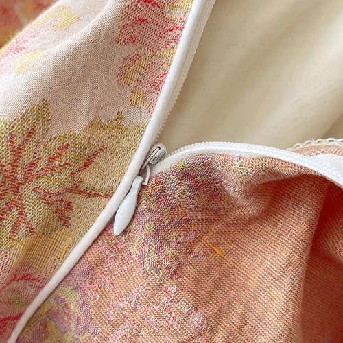 Image of VM VOUGEMARKET Pastoral Double Layer Gauze Cotton Duvet Cover Set - Peach Blush Floral Jacquard,Cozy Reversible Vintage Bedding Set King Size