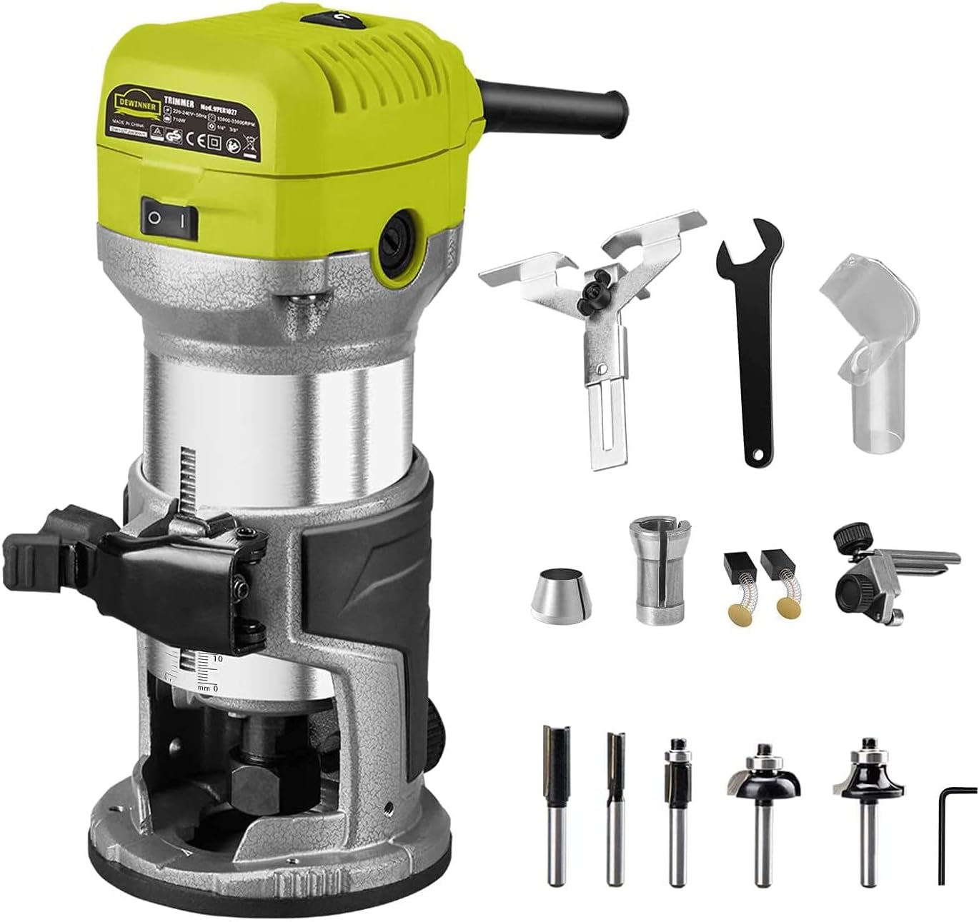 DEWINNER Electric Router Tool, 710W 10000-32000 RPM 6 Variable Speed Wood Router for Woodworking with 3 Clamps and 5 Router Tool Bits