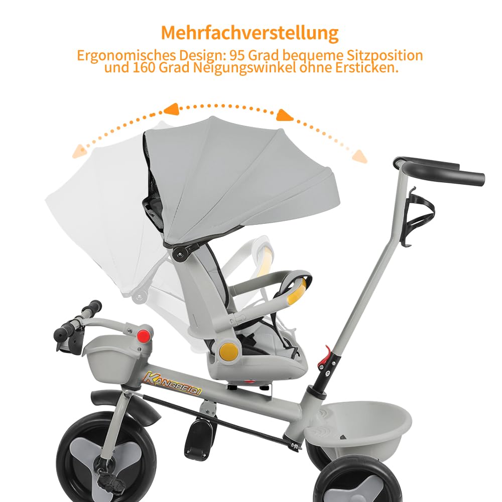 OHMG Tricycle Bébé évolutif 5-en-1 – Poussette, Trotteur, Tricycle – Pliable, Auvent, Harnais 3 Points, Freins, Direction Parent – De 10 Mois à 5 Ans