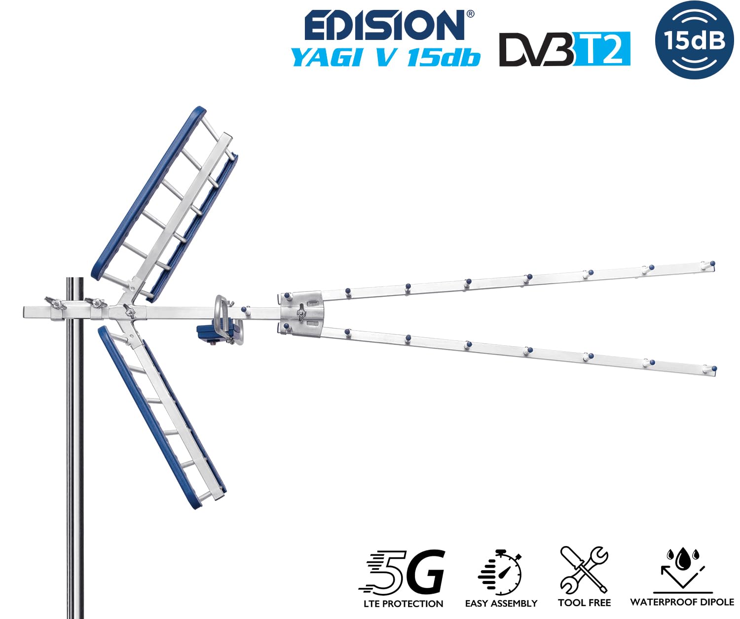 EDISION YAGI V 15db Antenna TV Digitale Terrestre UHF 21-48 esterno, con filtro 5G LTE, per Ricezione il segnale Digitale Terrestre DVB-T/T2, Frequenze 470-694Mhz, Lunghezza 105cm, LTE700, Blu