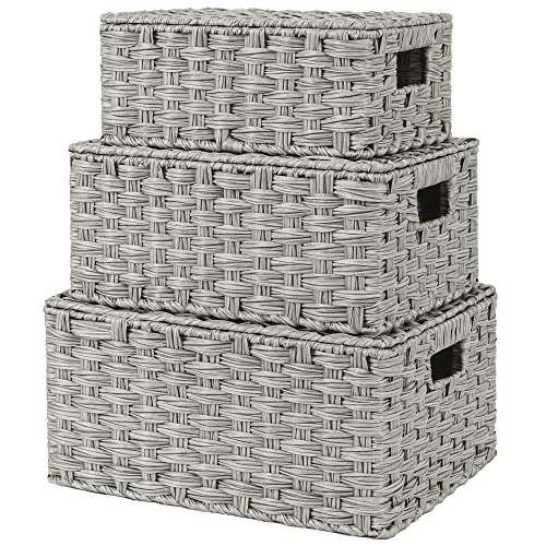 GRANNY SAYS Cestas Almacenaje con Tapa, Paquete de 3 Cestas Organizadoras Rectangulares, Cestos Mimbre Decoración, Cajas de Mimbre Tejida Apilable para Armarios de Cocina Baño Estante, Gris